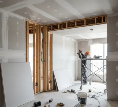 Instalación de placas de drywall en muros y cielo.