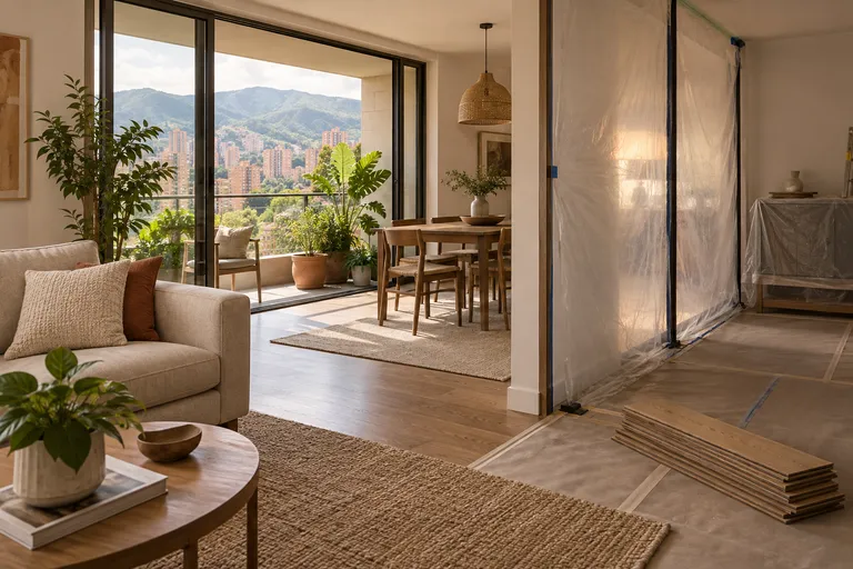 Sala amueblada junto a una zona de remodelación aislada con protección temporal contra el polvo.