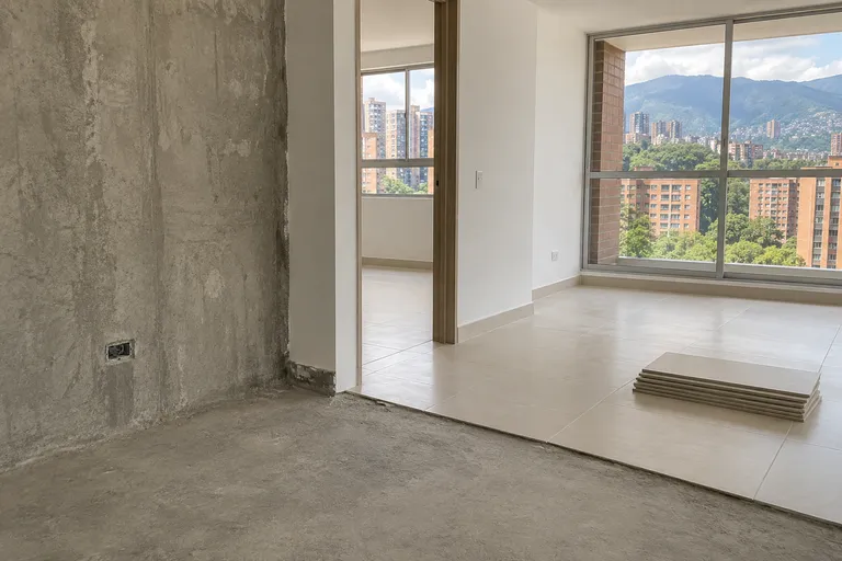 Transición entre un espacio en obra gris y una habitación con muros blancos y piso de porcelanato.