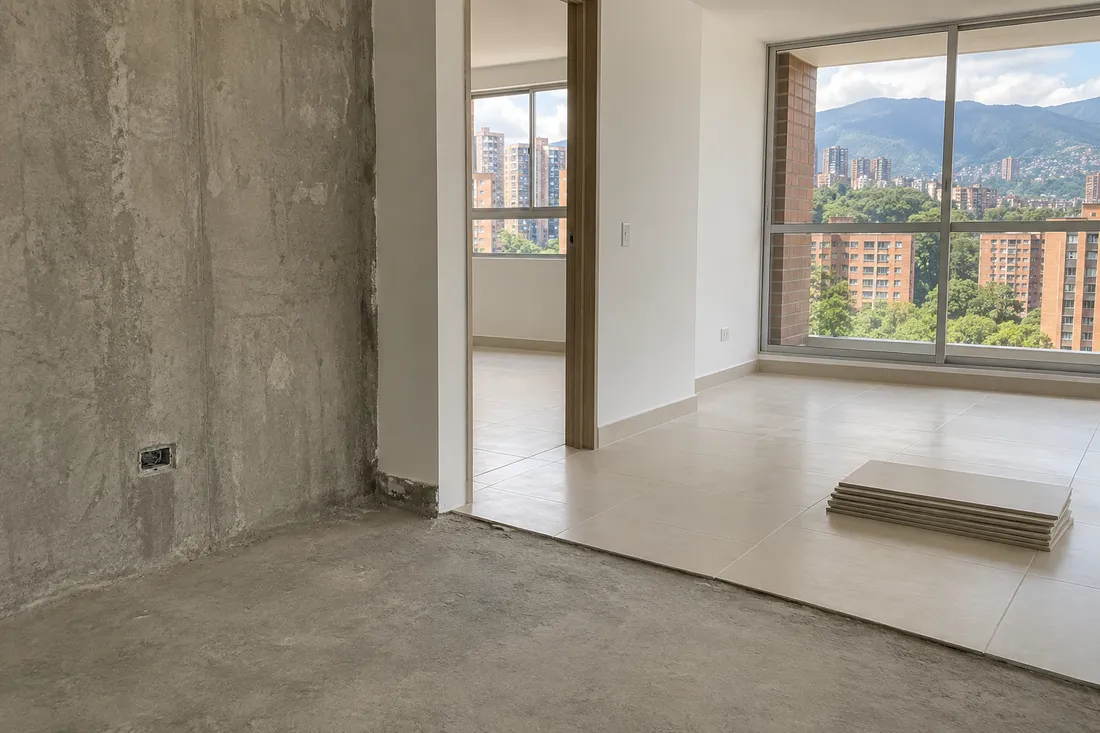 Transición entre un espacio en obra gris y una habitación con muros blancos y piso de porcelanato.