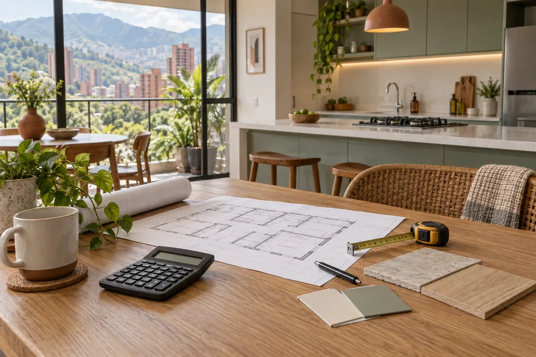 Planos, calculadora y muestras de materiales para presupuestar una remodelación, con vista al valle de Aburrá.