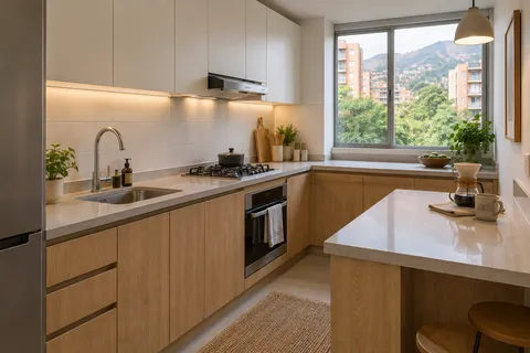 Cocina con muebles de madera clara.