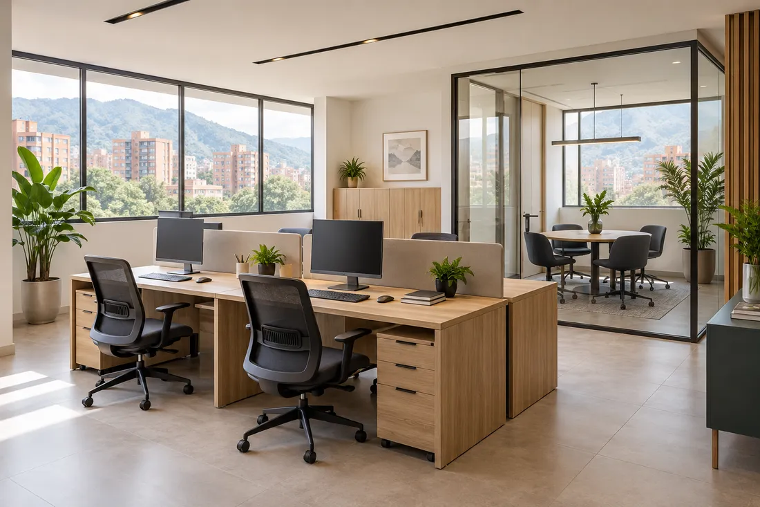 Oficina con puestos de trabajo, sala de reuniones y entorno urbano de Medellín.