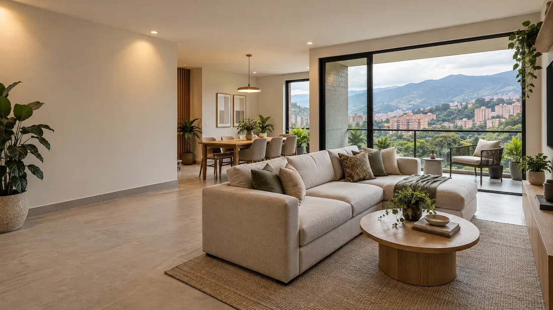 sala de apartamento con balcón, vegetación y entorno urbano de Medellín.