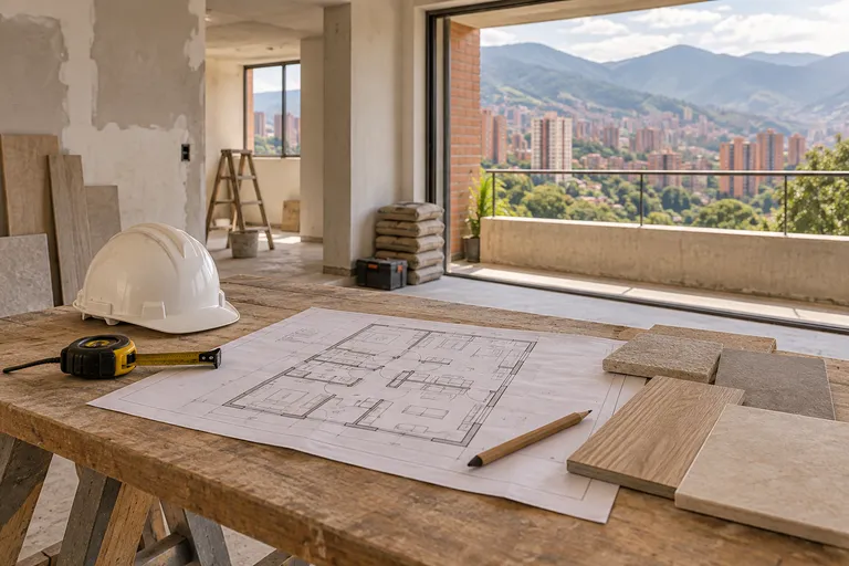 Planos, casco y muestras de acabados sobre una mesa de trabajo en un apartamento en reforma, con vista al Valle de Aburrá.